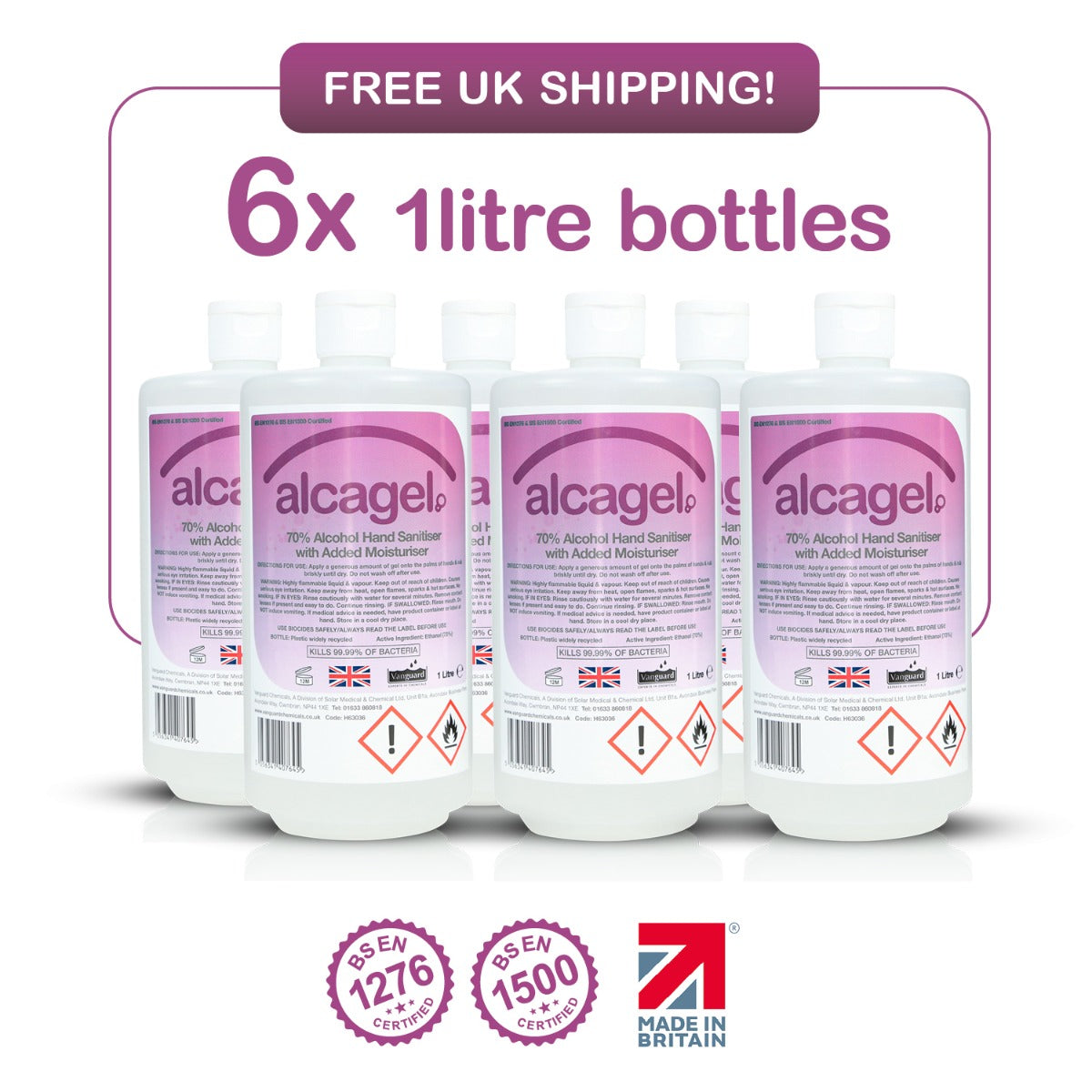 Vanguard Alcagel® 70% Alcohol Hand Sanitiser (6 x 1 Litre)